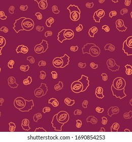 Brown line Human head with leaf inside icon isolated seamless pattern on red background.  Vector Illustration