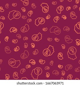 Brown line Human head with question mark icon isolated seamless pattern on red background.  Vector Illustration