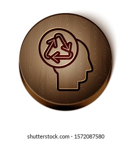 Brown line Human head with recycle icon isolated on white background. Recycling thinking. Ecology friendly. Wooden circle button. Vector Illustration