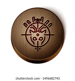 Brown line Hunt on deer with crosshairs icon isolated on white background. Hunting club logo with deer and target. Rifle lens aiming a deer. Wooden circle button. Vector Illustration