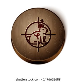Brown line Hunt on rabbit with crosshairs icon isolated on white background. Hunting club logo with rabbit and target. Rifle lens aiming a hare. Wooden circle button. Vector Illustration