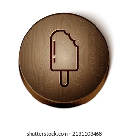 Brown line Ice cream icon isolated on white background. Sweet symbol. Wooden circle button. Vector