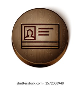 Brown line Identification badge icon isolated on white background. It can be used for presentation, identity of the company, advertising. Wooden circle button. Vector Illustration