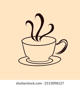 Ilustración de línea marrón formando una imagen de una taza de café caliente sin un fondo