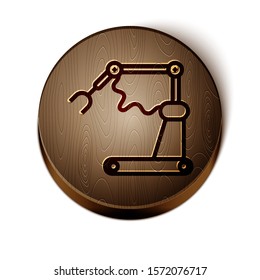 Brown line Industrial machine robotic robot arm hand factory icon isolated on white background. Industrial robot manipulator. Wooden circle button. Vector Illustration