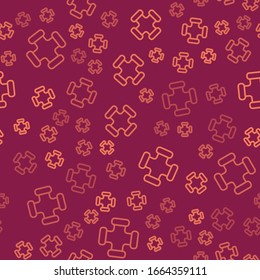Brown line Industry metallic pipe icon isolated seamless pattern on red background. Plumbing pipeline parts of different shapes.  Vector Illustration