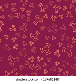 Brown line Industry metallic pipe icon isolated seamless pattern on red background. Plumbing pipeline parts of different shapes.  Vector Illustration