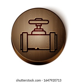 Brown line Industry metallic pipes and valve icon isolated on white background. Wooden circle button. Vector Illustration