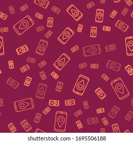 Brown line Infographic of city map navigation icon isolated seamless pattern on red background. Mobile App Interface concept design. Geolacation concept.  Vector Illustration