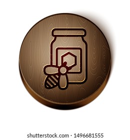 Brown line Jar of honey with bee icon isolated on white background. Sweet natural food in bank. Honeybee or apis with wings symbol. Flying insect. Wooden circle button. Vector Illustration