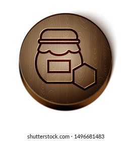 Brown line Jar of honey icon isolated on white background. Food bank. Sweet natural food symbol. Wooden circle button. Vector Illustration