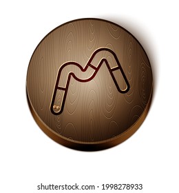 Brown line Jelly worms candy icon isolated on white background. Wooden circle button. Vector