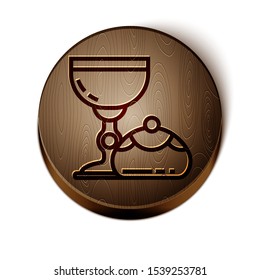 Brown line Jewish goblet and hanukkah sufganiyot icon isolated on white background. Jewish sweet bakery. Wine cup for kiddush. Wooden circle button. Vector Illustration