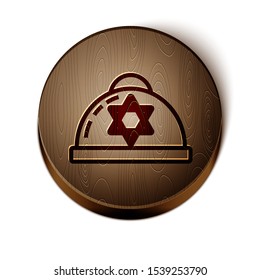 Brown line Jewish kippah with star of david icon isolated on white background. Jewish yarmulke hat. Wooden circle button. Vector Illustration