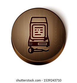 Brown line Karaoke icon isolated on white background. Microphone and monitor. Wooden circle button. Vector Illustration