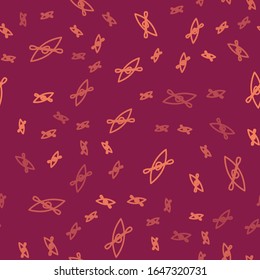 Brown line Kayak and paddle icon isolated seamless pattern on red background. Kayak and canoe for fishing and tourism. Outdoor activities.  Vector Illustration