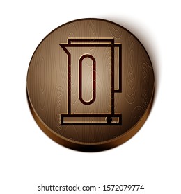 Brown line Kettle with handle icon isolated on white background. Teapot icon. Wooden circle button. Vector Illustration
