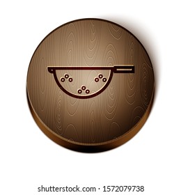 Brown line Kitchen colander icon isolated on white background. Cooking utensil. Cutlery sign. Wooden circle button. Vector Illustration