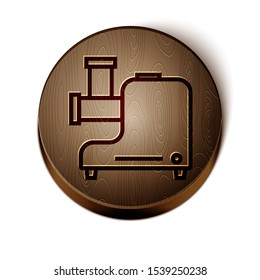 Brown line Kitchen meat grinder icon isolated on white background. Wooden circle button. Vector Illustration