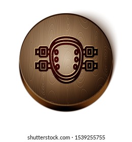 Brown line Knee pads icon isolated on white background. Extreme sport. Sport equipment. Skateboarding, bicycle, roller skating protective gear. Wooden circle button. Vector Illustration