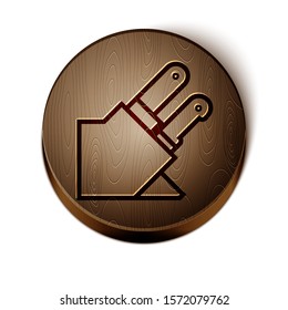 Brown line Knife icon isolated on white background. Cutlery symbol. Wooden circle button. Vector Illustration