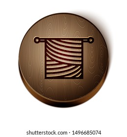 Brown line Knitting icon isolated on white background. Wool emblem with knitted fabric and needle. Label for hand made, knitting or tailor shop. Wooden circle button. Vector Illustration