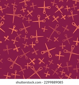 Brown line Knitting needles icon isolated seamless pattern on red background. Label for hand made, knitting or tailor shop.  Vector Illustration