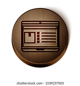 Brown line Laptop with app delivery tracking icon isolated on white background. Parcel tracking. Wooden circle button. Vector Illustration