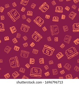Brown line Laptop and cursor icon isolated seamless pattern on red background. Computer notebook with empty screen sign.  Vector Illustration
