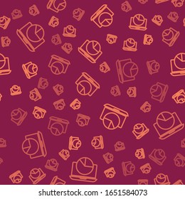 Brown line Laptop with graph chart icon isolated seamless pattern on red background. Report text file icon. Accounting sign. Audit, analysis, planning.  Vector Illustration