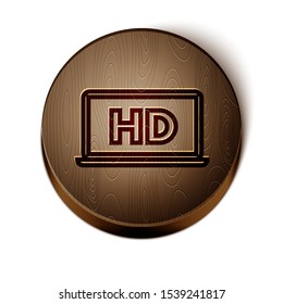 Brown line Laptop screen with HD video technology icon isolated on white background. Wooden circle button. Vector Illustration