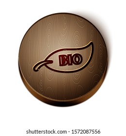 Brown line Leaf Bio symbol icon isolated on white background. Banner, label, tag, logo, sticker for eco green. Wooden circle button. Vector Illustration