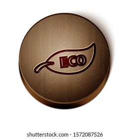 Brown line Leaf Eco symbol icon isolated on white background. Banner, label, tag, logo, sticker for eco green. Wooden circle button. Vector Illustration
