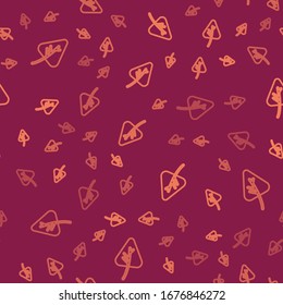 Brown line Leaf icon isolated seamless pattern on red background. Leaves sign. Fresh natural product symbol.  Vector Illustration