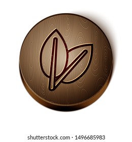 Brown line Leafs icon isolated on white background. Fresh natural product symbol. Wooden circle button. Vector Illustration