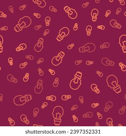 Brown line Light bulb with concept of idea icon isolated seamless pattern on red background. Energy and idea symbol. Inspiration concept.  Vector