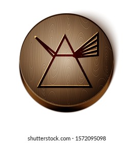 Brown line Light rays in prism icon isolated on white background. Ray rainbow spectrum dispersion optical effect in glass prism. Wooden circle button. Vector Illustration