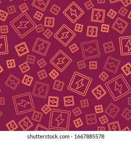 Brown line Lightning bolt icon isolated seamless pattern on red background. Flash sign. Charge flash icon. Thunder bolt. Lighting strike.  Vector Illustration