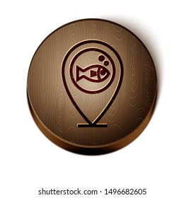 Brown line Location fishing icon isolated on white background. Fishing place. Wooden circle button. Vector Illustration