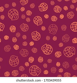 Posición de línea marrón en el icono del globo aislado patrón sin fisuras en el fondo rojo. Signo mundial o terrestre. Ilustración vectorial