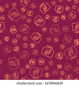Brown line Location pin with leaf inside icon isolated seamless pattern on red background.  Vector Illustration