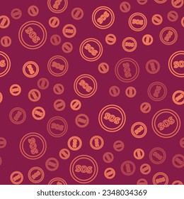 Brown line Location with SOS icon isolated seamless pattern on red background. SOS call marker. Map pointer sign.  Vector Illustration