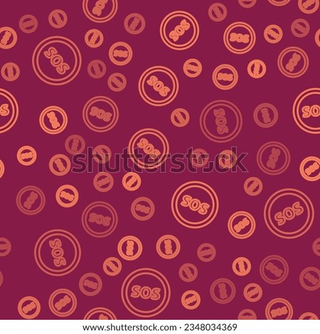 Brown line Location with SOS icon isolated seamless pattern on red background. SOS call marker. Map pointer sign.  Vector Illustration