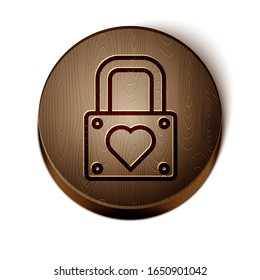 Brown line Lock and heart icon isolated on white background. Locked Heart. Love symbol and keyhole sign. Valentines day symbol. Wooden circle button. Vector Illustration