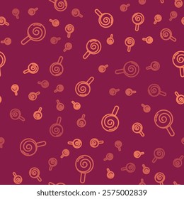 Brown line Lollipop icon isolated seamless pattern on red background. Food, delicious symbol.  Vector