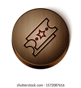 Brown line Lottery ticket icon isolated on white background. Bingo, lotto, cash prizes. Financial success, prosperity, victory, winnings luck. Wooden circle button. Vector Illustration