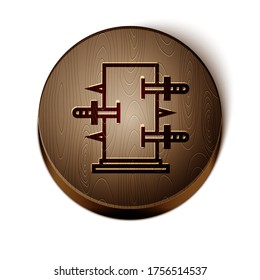 Brown line Magic box, trunk for magic tricks icon isolated on white background. Show with knives, piercing the box with swords. Wooden circle button. Vector Illustration