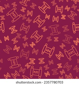 Brown line Magic scroll icon isolated seamless pattern on red background. Decree, paper, parchment, scroll icon.  Vector