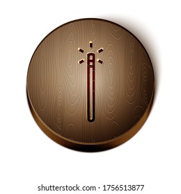 Brown line Magic wand icon isolated on white background. Star shape magic accessory. Magical power. Wooden circle button. Vector Illustration