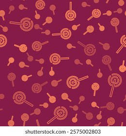 Brown line Magic wand icon isolated seamless pattern on red background. Star shape magic accessory. Magical power.  Vector